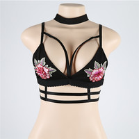 Floral Embroidery Sexy Deep V Neck Bra Caged Bralette - Thumbnail 3