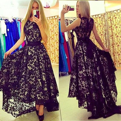 Navy blue lace prom dresses with long sleeves - Thumbnail 4