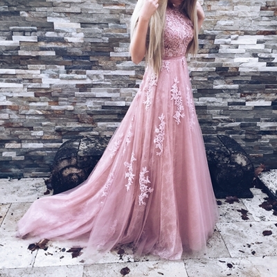 Custom made pink tulle lace long prom dress,pink evening dresses - Thumbnail 5