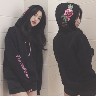 Don't talk to me rose embroidery hoodie fleece pullover