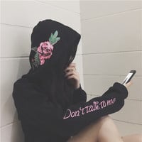 DON'T TALK TO ME ROSE EMBROIDERY HOODIE FLEECE PULLOVER - Thumbnail 2