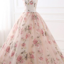 Flowers Pearls Pattern Appliques Organza Floor Length Ball Gown Sleeveless Long Prom Dress
