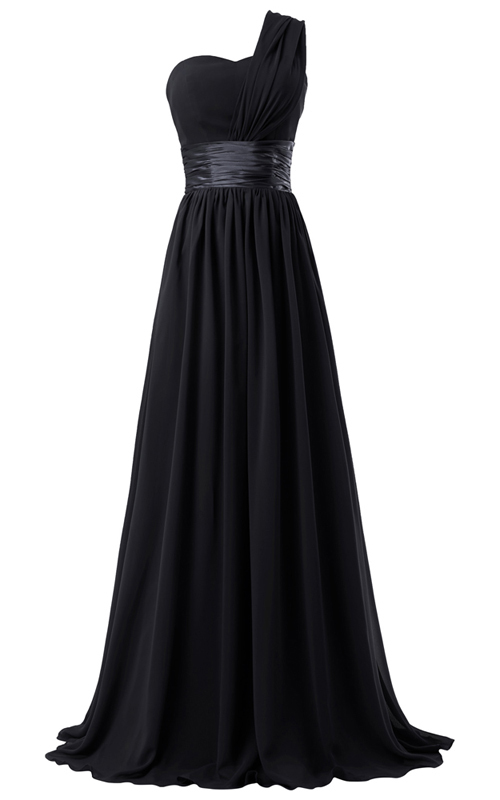 One Shoulder Chiffon Floor Length A Line Black One Shoulder Sleeveless Long Prom Dress