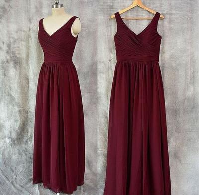 V Neck Chiffon Burgundy Floor Length Bridesmaid Dresses