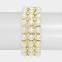 3-Row Crystal Pearl Stretch Bracelet  - Thumbnail 1
