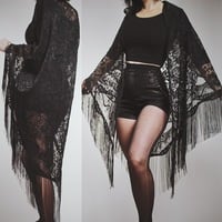 CLAIMED @gabriellerosefromthedead - Vintage 80s XXL Black Lace Fringed "Stevie" Shawl  - Thumbnail 1