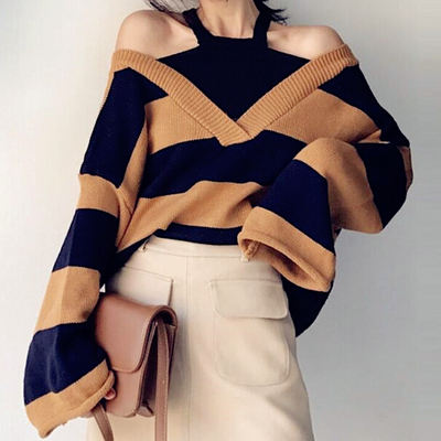 Halter neck striped oversize knitted sweater - Thumbnail 5