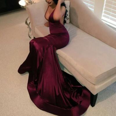 Burgundy satin long prom dress with train, deep v-neckline prom gowns, prom dresses 2018 - Thumbnail 3