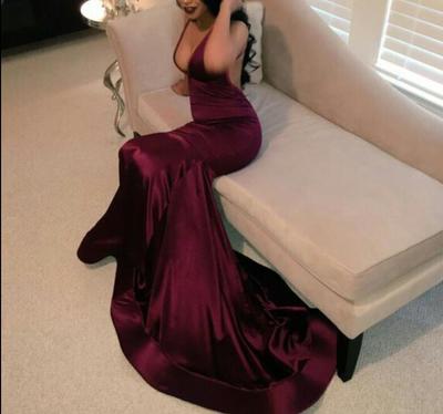 Burgundy Satin Long Prom Dress with Train, Deep V-neckline Prom Gowns, Prom Dresses 2018