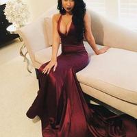 Burgundy Satin Long Prom Dress with Train, Deep V-neckline Prom Gowns, Prom Dresses 2018 - Thumbnail 1