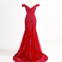 Red Tulle Lace Applique Off Shoulder Prom Dresses,Red Gowns, Red Prom Dresses - Thumbnail 1