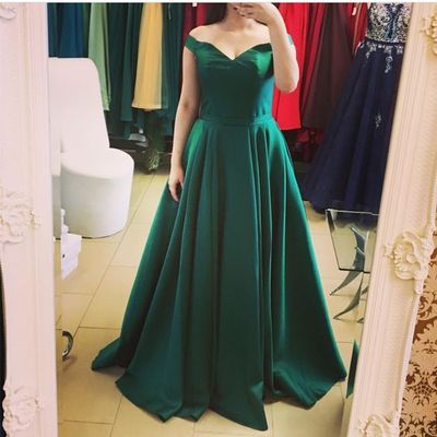 Green satin floor length prom dresses, off shoulder party dresses, evening gowns