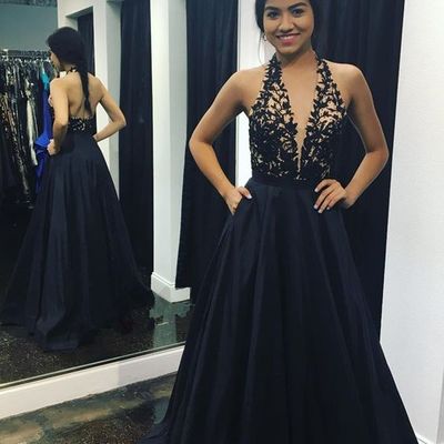 Halter black long prom dresses with appliques - Thumbnail 5