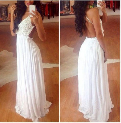 Spaghetti Straps White Long Prom Dresses 