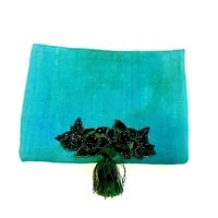 Embellished Zip top clutch- blue green burlap - Thumbnail 1