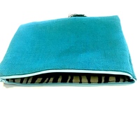 Embellished Zip top clutch- blue green burlap - Thumbnail 2