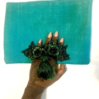 Embellished Zip top clutch- blue green burlap - Thumbnail 3