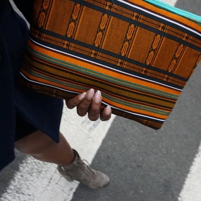 Zip top clutch- black orange blue 