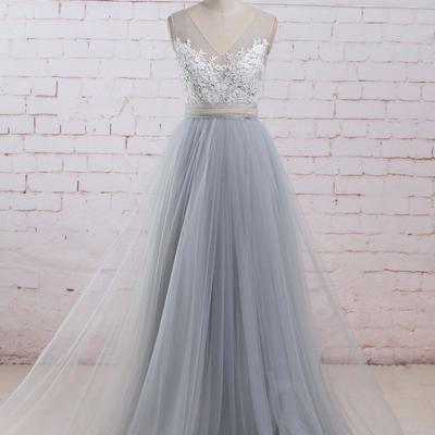 Grey tulle long prom dresses, grey formal gowns, wedding dresses - Thumbnail 4