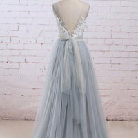 Grey Tulle Long Prom Dresses, Grey Formal Gowns, Wedding Dresses - Thumbnail 1