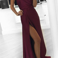 Halter V-neckline Maroon Party Dress with Slit, Maroon Prom Dresses - Thumbnail 1
