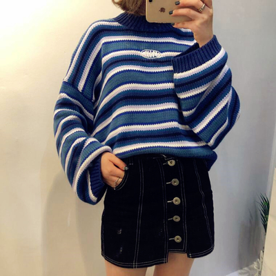 Vintage striped oversize embroidered knitted sweater - Thumbnail 5