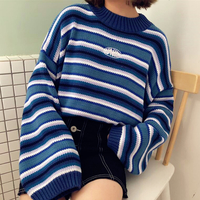 Vintage Striped Oversize Embroidered Knitted Sweater - Thumbnail 1