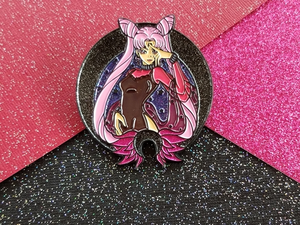 Wicked Moon Lady {Black lines}  Soft Enamel, Purple Glitter Sky, Pink Glitter Wings