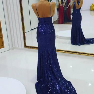 Blue sequins straps mermaid long prom dresses, sequins party dresses, formal gowns