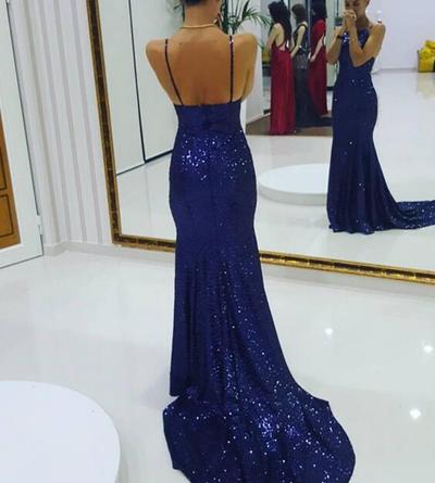 Blue Sequins Straps Mermaid Long Prom Dresses, Sequins Party Dresses, Formal Gowns