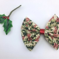 Christmas Holly Print Fabric Medium Hair Bow with Gold Metallic Detail and Red Ribbon - Thumbnail 3