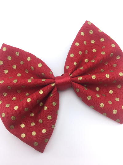 Red with Gold Dots Christmas Print Fabric Medium Hair Bow with Gold Metallic Detail