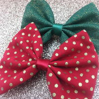 Red with Gold Dots Christmas Print Fabric Medium Hair Bow with Gold Metallic Detail - Thumbnail 1
