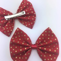 Red with Gold Dots Christmas Print Fabric Medium Hair Bow with Gold Metallic Detail - Thumbnail 4