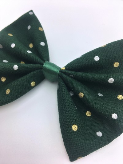 Deep Green Christmas Metallic Polka Dot Print Fabric Medium Hair Bow with Gold and Silver Metallic Detail