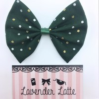 Deep Green Christmas Metallic Polka Dot Print Fabric Medium Hair Bow with Gold and Silver Metallic Detail - Thumbnail 1