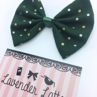 Deep Green Christmas Metallic Polka Dot Print Fabric Medium Hair Bow with Gold and Silver Metallic Detail - Thumbnail 2