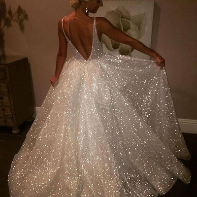 Sparkly v neck sequined ivory wedding dresses bridal gowns - Thumbnail 4