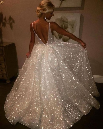 Sparkly V Neck Sequined Ivory Wedding Dresses Bridal Gowns