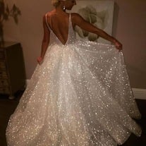 Sparkly V Neck Sequined Ivory Wedding Dresses Bridal Gowns