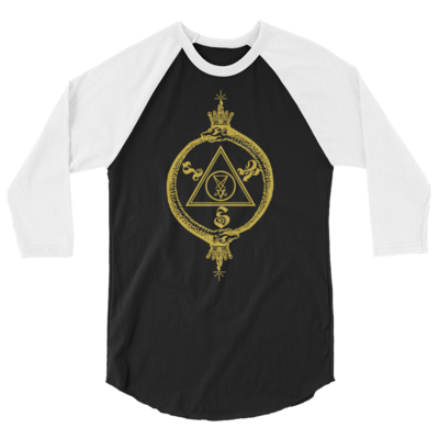 Double-oroboros luciferian research society 3/4 sleeve baseball t-shirt (gold on black)