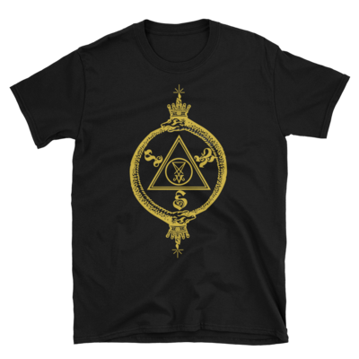 Double-oroboros luciferian research society t-shirt (gold on black)