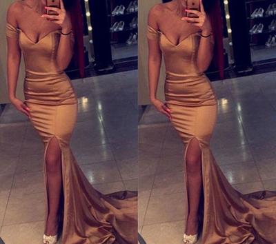 Gold Off Shoulder Slit Prom Dress, Long Sexy Party Dresses, Formal Dresses