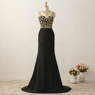 Black Prom Dress with Gold Beaded Classical Prom Dresses, Black Formal Dresses, Evening Gowns 2018