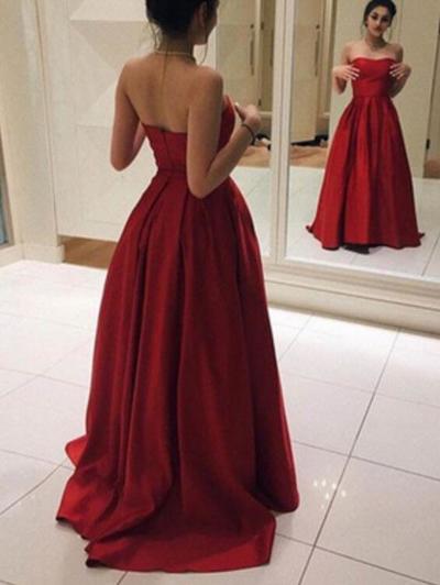Red Simple Long Prom Dresses 2018, Satin Party Dresses, Formal Dresses 2018