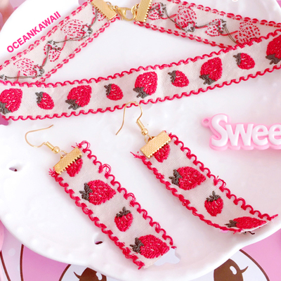 Kawaii strawberry choker+earrings set - Thumbnail 5