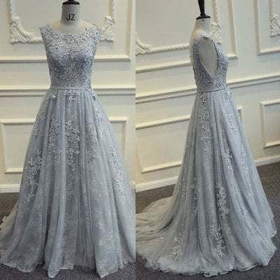 Grey long chiffon and lace prom dresses, prom dresses 2018, party dresses