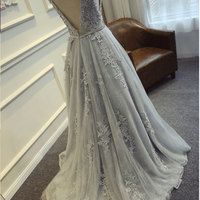 Grey Long Chiffon and Lace Prom Dresses, Prom Dresses 2018, Party Dresses - Thumbnail 2