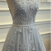 Grey Long Chiffon and Lace Prom Dresses, Prom Dresses 2018, Party Dresses - Thumbnail 3