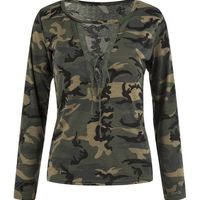 Green Camo Plunge Lace-up Front Long Sleeve T-shirt - Thumbnail 1